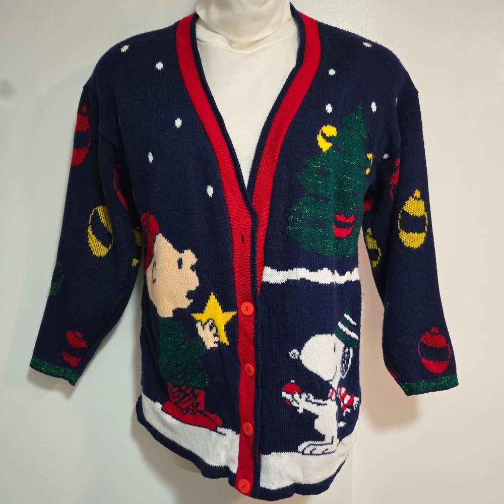 VTG Snoopy And Friends Cardigan Sweater Buttons Peanuts Christmas Medium USA